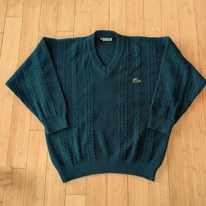 Vintage Chemise Lacoste Made in France Teal Cable-Knit V-Neck Sweater